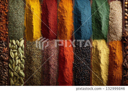Vibrant Display of Various Spices Arranged in Colorful Rows on a Wooden Surface 132999846