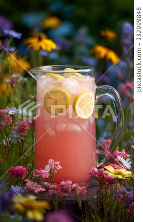 Refreshing Drink in a Pitcher Surrounded by Colorful Flowers in a Sunny Garden Details matter. 132999848