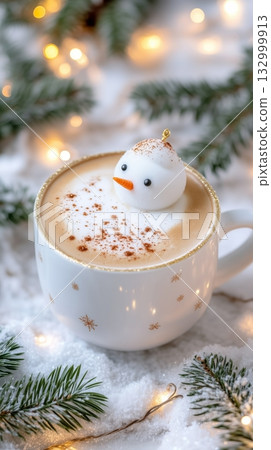Winter-themed Hot Cocoa With a Snowman Marshmallow in a Festive Cup Details matter. Winter-themed Hot Cocoa With a Snowman Marshmallow in a Festive Cup Details matter. 132999913