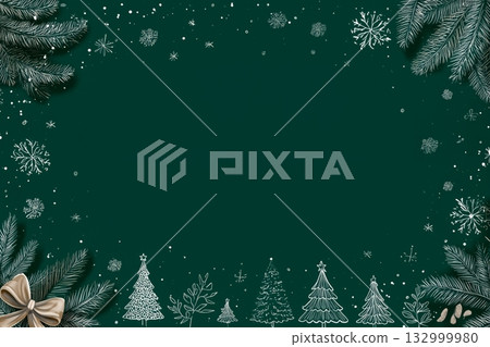 Festive Green Background With Christmas Trees, Snowflakes, and Holiday Decorations Festive Green Background With Christmas Trees, Snowflakes, and Holiday Decorations 132999980