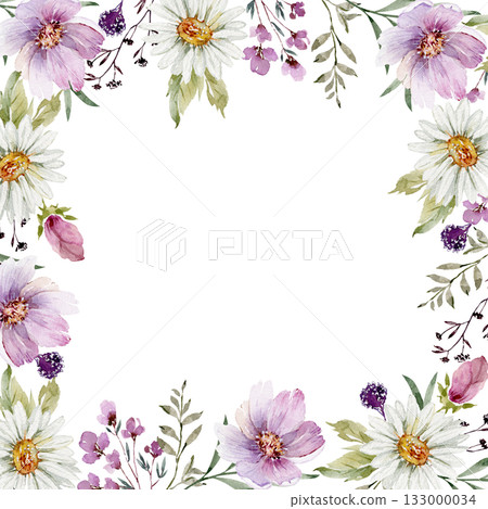 Watercolor frame with delicate chamomile flowers, leaves and branches on a white background Watercolor frame with delicate chamomile flowers, leaves and branches on a white background 133000034