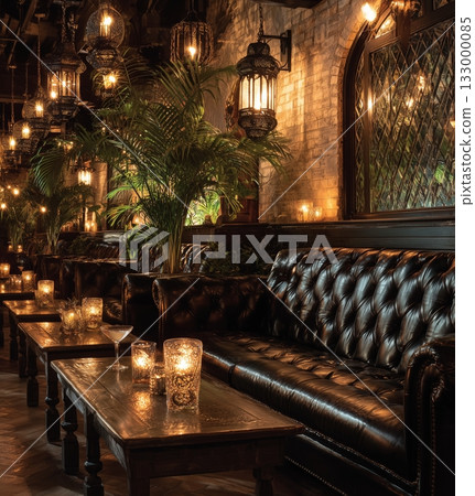 Elegant Indoor Lounge With Rich Decor and Warm Lighting During Evening Hours 133000085