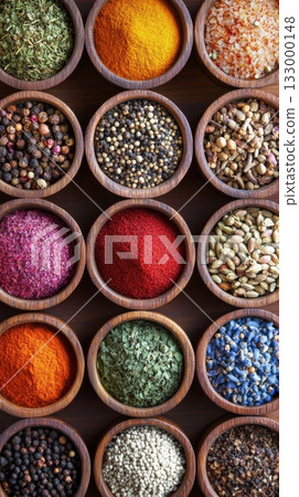 Vibrant Display of Various Spices and Herbs Arranged in Bowls on a Wooden Surface Details matter. 133000148