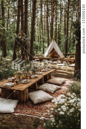 Elegant Outdoor Gathering Setup in a Serene Forest Location With Rustic Tables and Cushions Details matter. 133000180