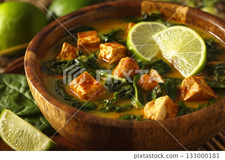 Tasty Tofu Dish With Fresh Lime and Greens Served in a Bowl Details matter. 133000181