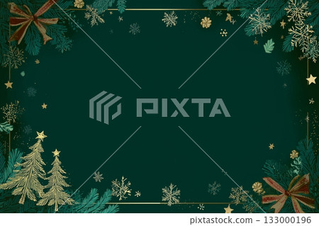 Festive Winter Background With Gold Decorations and Green Foliage for Holiday Season Festive Winter Background With Gold Decorations and Green Foliage for Holiday Season 133000196