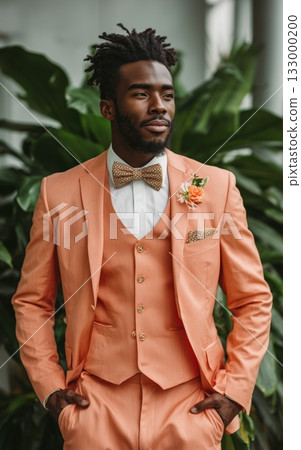 Stylish Man in Coral Suit Poses Confidently in a Lush Indoor Garden Setting 133000200