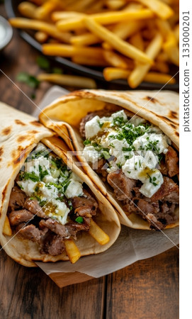 Delicious Wraps With Grilled Meat, Fresh Vegetables, and Feta Cheese Served With Fries Details matter. Delicious Wraps With Grilled Meat, Fresh Vegetables, and Feta Cheese Served With Fries Details matter. 133000201