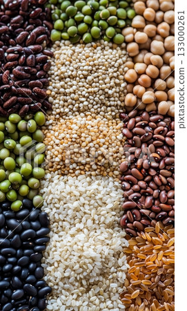 Variety of Legumes and Seeds Arranged in Colorful Sections on a Wooden Surface Variety of Legumes and Seeds Arranged in Colorful Sections on a Wooden Surface 133000261