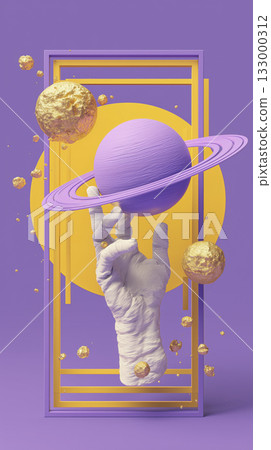 Vibrant surreal hand planet ring sculpture, purple gold abstract geometry, playful cosmic scene, modern minimal art 133000312