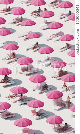Pink beach umbrella summer sunbathing aerial pattern white sand striped towel relaxing vibe 133000341