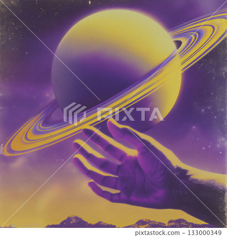 Purple hand planet saturn ring neon cosmic surreal fantasy space dreamscape radiates wonder and curiosity 133000349