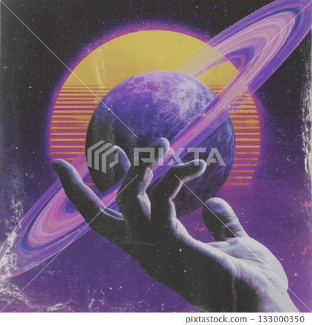 Purple planet saturn ring cosmic hand neon glow retro wave space art surreal fantasy vibe breathe wonder 133000350