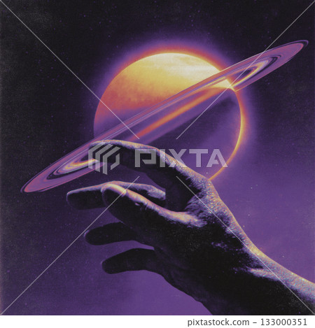 Purple hand saturn ring cosmic surreal glow fantasy space wonder mystic touch under violet sky 133000351