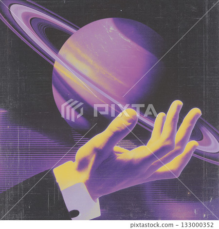 Purple planet Saturn ring surreal, neon glow, cosmic space, human hand reach, retro vintage, dreamy mood 133000352