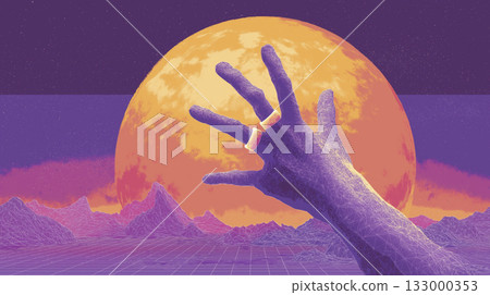 Purple planet sky yellow moon hand gold ring surreal retro cyber landscape neon 133000353