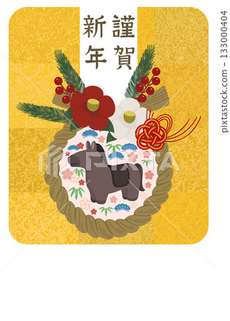 黑馬新年賀卡模板，飾以鬆樹、竹子、梅花圖案和新年裝飾 / 無賀詞 133000404