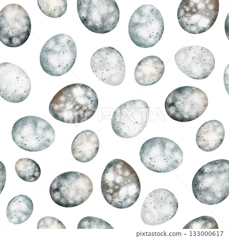 Seamless pattern with quail eggs. Hand-drawn watercolor design for wrapping, textile, and wallpaper. Organic food and Easter decoration element. 133000617