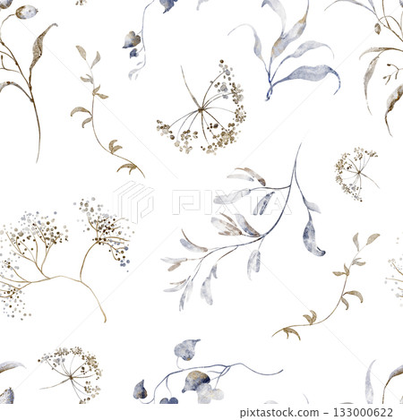 Dry plants and grasses seamless watercolor pattern. Botanical field illustration with herbs and stems. Perfect for wrapping, fabric, and winter-themed designs. 133000622