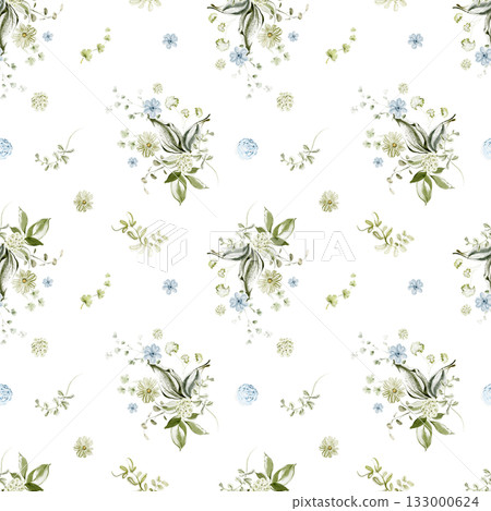 Seamless floral watercolor pattern for textile, fabric, wallpaper, or wrapping design. Botanical background with small flowers and foliage illustration. Seamless floral watercolor pattern for textile, fabric, wallpaper, or wrapping design. Botanical background with small flowers and foliage illustration. 133000624