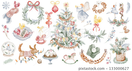 Christmas watercolor illustration set with pine branches, garland, candy, and snowflake. Isolated clipart for cards, stickers, and new year decoration. Christmas watercolor illustration set with pine branches, garland, candy, and snowflake. Isolated clipart for cards, stickers, and new year decoration. 133000627