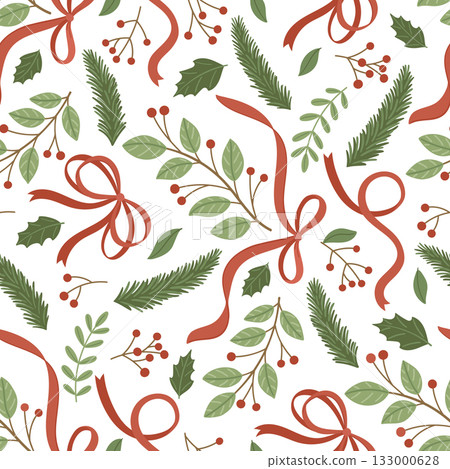 Christmas seamless pattern with leaves berries and red ribbons 133000628
