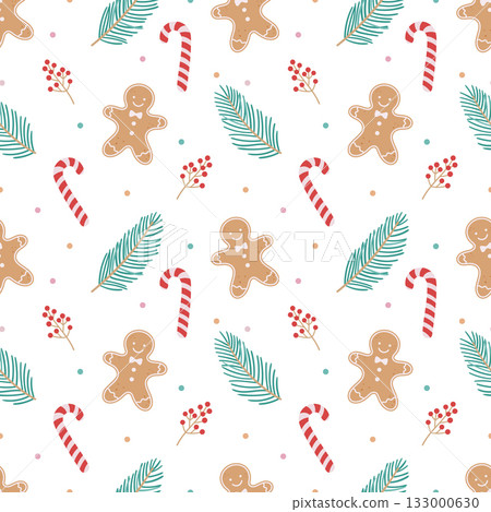 Cute Christmas seamless pattern with gingerbread and candy canes Cute Christmas seamless pattern with gingerbread and candy canes 133000630
