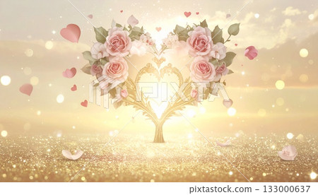 夢幻般的背景，一棵浪漫的心形玫瑰樹矗立在閃閃發光的金粉小山上。 133000637