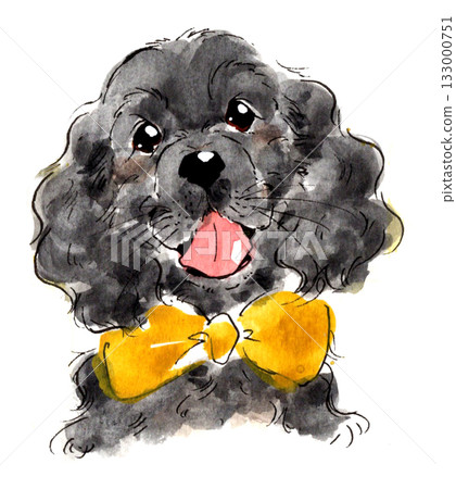 一隻繫著黃色絲帶的美國可卡犬,水彩畫 一隻繫著黃色絲帶的美國可卡犬,水彩畫 133000751