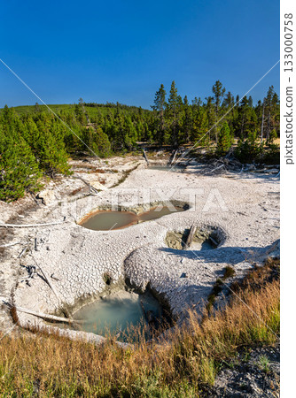 Small geothermal mudpots and hot springs surrounded by cracked, dry earth in Yellowstone National Park. A pine forest rises behind the thermal area under a clear blue sky Small geothermal mudpots and hot springs surrounded by cracked, dry earth in Yellowstone National Park. A pine forest rises behind the thermal area under a clear blue sky 133000758