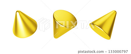 3D golden cones and pyramids with metallic gradient and realistic shine. Abstract geometric shapes in luxury style. Vector render for elegant design, decor, and modern gold-themed compositions 3D golden cones and pyramids with metallic gradient and realistic shine. Abstract geometric shapes in luxury style. Vector render for elegant design, decor, and modern gold-themed compositions 133000797