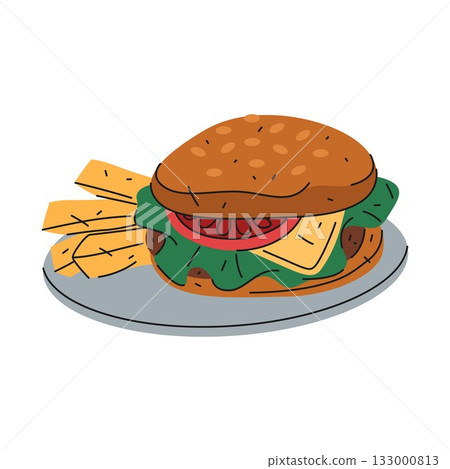 Vector burger meal or fast, street food icon. Cheeseburger or American sandwich with lettuce and tomato, cheese and meat. Pub dinner or restaurant lunch snack. Quick nutrition. Greasy takeaway. 133000813