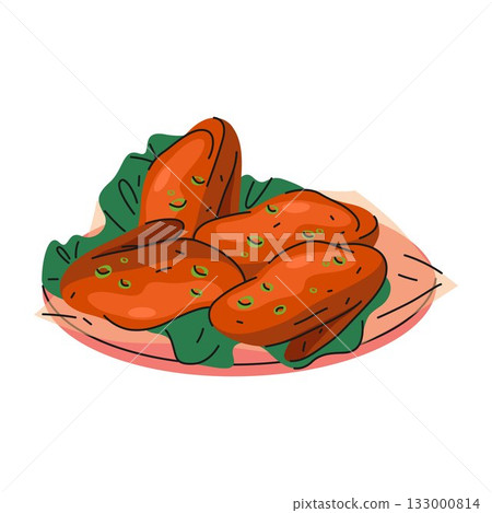 Buffalo wings meal. Vector spicy chicken food or pub meat snack, fried appetizer or poultry platter served as American fast food. Marinated dish for barbecue. Dinner or lunch culinary. Grilled cuisine 133000814