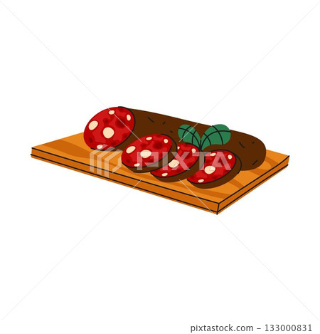 Vector sliced blood sausage. Traditional Ukrainian food or meat meal. Cut pork or beef offal. Cooked Ukraine dish. Butchery or farm, village cuisine. Nutrition and gastronomy, homemade delicacy sign. 133000831