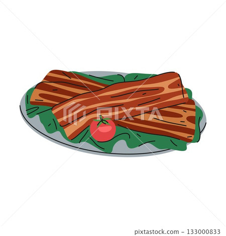 Bacon meat or American, English food on plate. Vector crispy fired pork slice served for breakfast or brunch meal. Side dish icon for salty cuisine. Snack or garnish. Grilled meal strips. Culinary. 133000833
