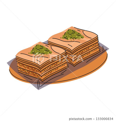 Baklava dessert pastry or Arabic food. Vector layered dough meal with nuts. Middle east or turkey, oriental confection. Mediterranean sweets cuisine. Treat dish for holiday. Cooking and gastronomy. Baklava dessert pastry or Arabic food. Vector layered dough meal with nuts. Middle east or turkey, oriental confection. Mediterranean sweets cuisine. Treat dish for holiday. Cooking and gastronomy. 133000834