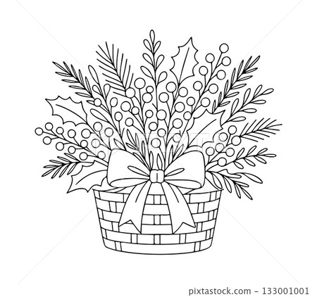 basket filled with festive winter foliage. holly, berries, pine branches, tied with bow. 133001001