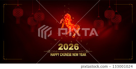 Happy Chinese New Year 2026. Fire Horse zodiac sign, gold tinsel Happy Chinese New Year 2026. Fire Horse zodiac sign, gold tinsel 133001024