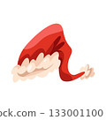 Vector Santa cap or New Year hat, Christmas headwear. Xmas red apparel with trim and pompom. Winter festive or seasonal holiday clothing accessory. December party outfit element. Festival costume sign 133001100