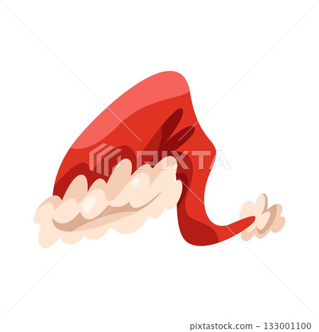 Vector Santa cap or New Year hat, Christmas headwear. Xmas red apparel with trim and pompom. Winter festive or seasonal holiday clothing accessory. December party outfit element. Festival costume sign 133001100