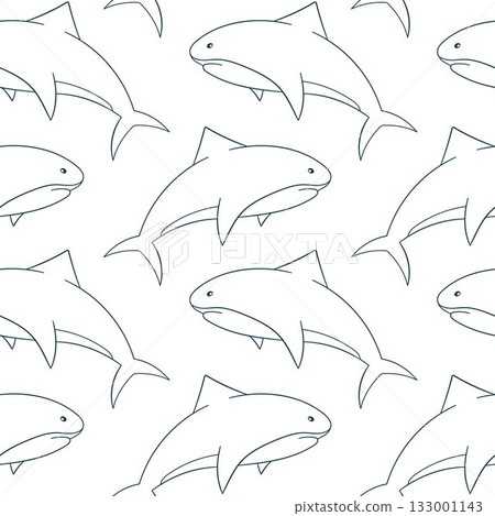 Seamless pattern of line art style shark swimming on a white background for marine and ocean themed design. Seamless pattern of line art style shark swimming on a white background for marine and ocean themed design. 133001143