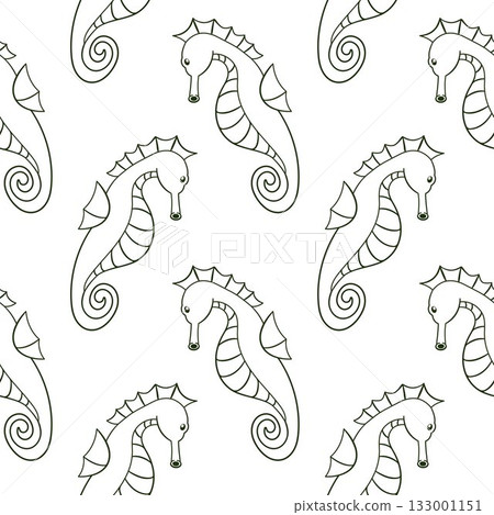 Seahorse seamless pattern in line art style. Little sea creature shape for sea life design on a white background. 133001151