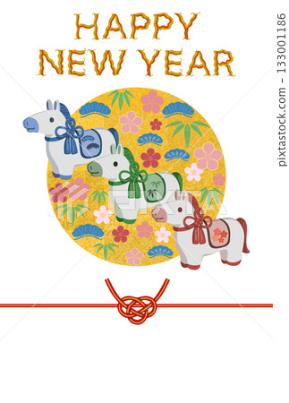 白馬新年賀卡模板，飾以鬆樹、竹子和梅花圖案，並配有水引（無賀詞）。 133001186