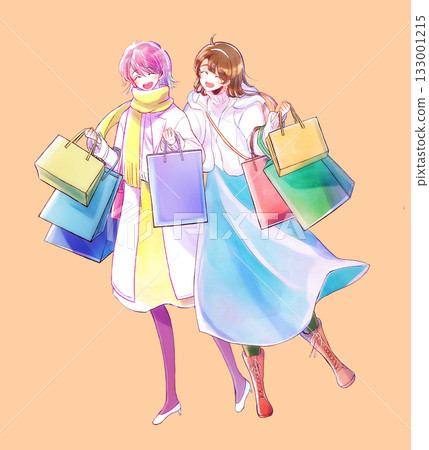 Two women with lots of shopping bags, smiling, winter Two women with lots of shopping bags, smiling, winter 133001215