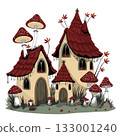 Cozy whimsical houses with red roofs and mushrooms, surrounded by grass and autumn leaves. 133001240