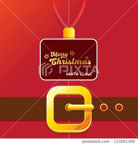 vector merry christmas classic red cartoon square banner background with santa claus badge, belt and golden buckle. vector christmas banner , post or poster background with greeting text on badge 133001389