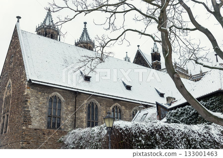 Snow-covered roof and gothic spires of Magdeburg Cathedral rise behind leafless branches in quiet winter scene. Cold light emphasizes medieval stone walls and intricate architecture white blanket Snow-covered roof and gothic spires of Magdeburg Cathedral rise behind leafless branches in quiet winter scene. Cold light emphasizes medieval stone walls and intricate architecture white blanket 133001463