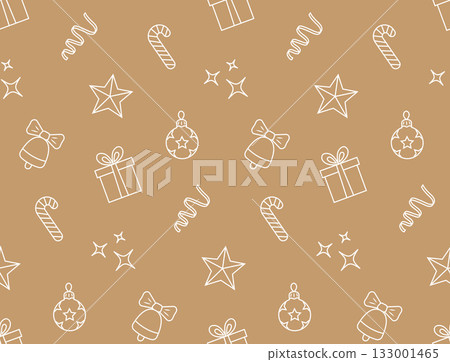 Christmas seamless pattern. Balls, striped candy canes, stars, serpentine, bells in doodle style. Vector illustration in hand drawn sketch style. 133001465