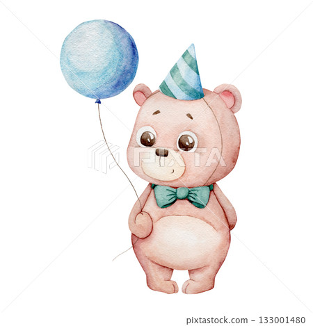 Adorable watercolor baby bear wearing a festive hat and a cute bow tie holding a colorful balloon, hand-painted animal illustration perfect for nursery decor, greeting cards, and kids designs Adorable watercolor baby bear wearing a festive hat and a cute bow tie holding a colorful balloon, hand-painted animal illustration perfect for nursery decor, greeting cards, and kids designs 133001480