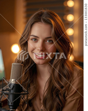 Portrait of a beautiful young woman smiling at the camera, recording audio with a professional microphone in a cozy studio with warm bokeh lights. 133001630